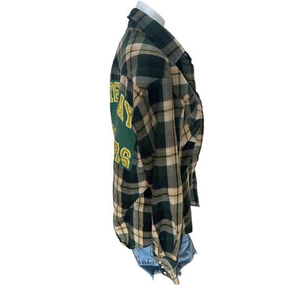 Green Bay Packers Flannel Plaid Shirt MEDIUM Oversized Unique Green Western Snap - Picture 3 of 7